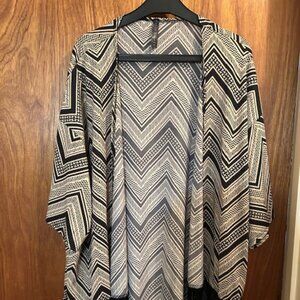Black White Zigzag Fringe Kimono – Boho Lightweight Open Front Layer Size XL